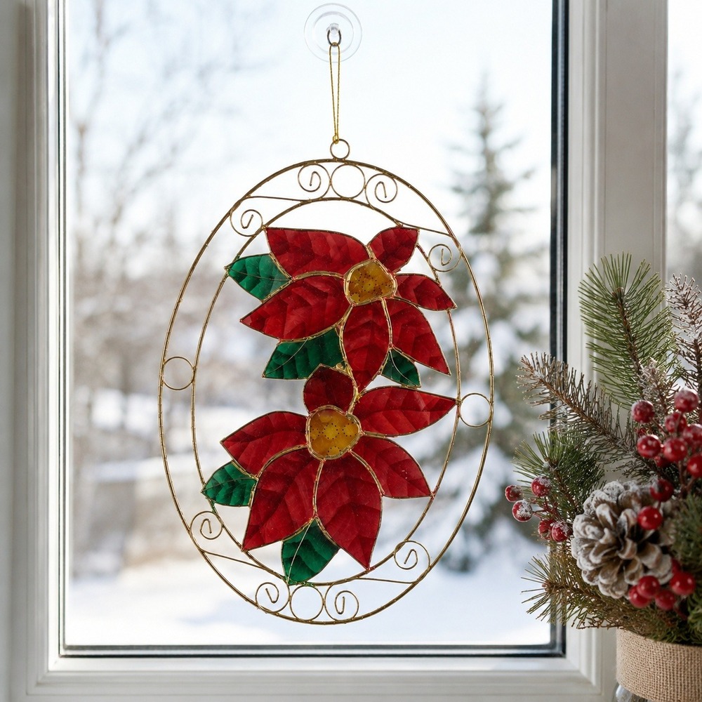 Vintage Capiz Shell Poinsettia Christmas Window Suncatcher NOS Gold Wire Decor